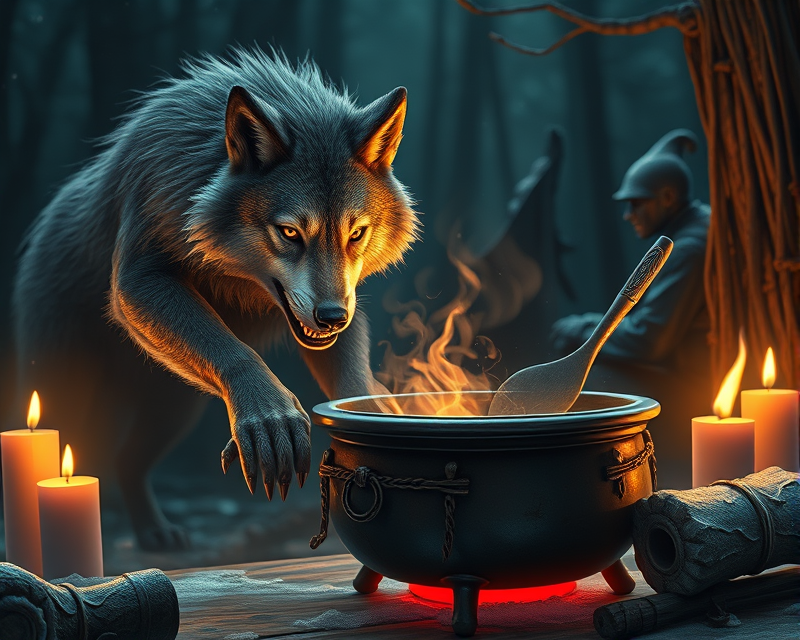 wolf, cauldron, ice skate